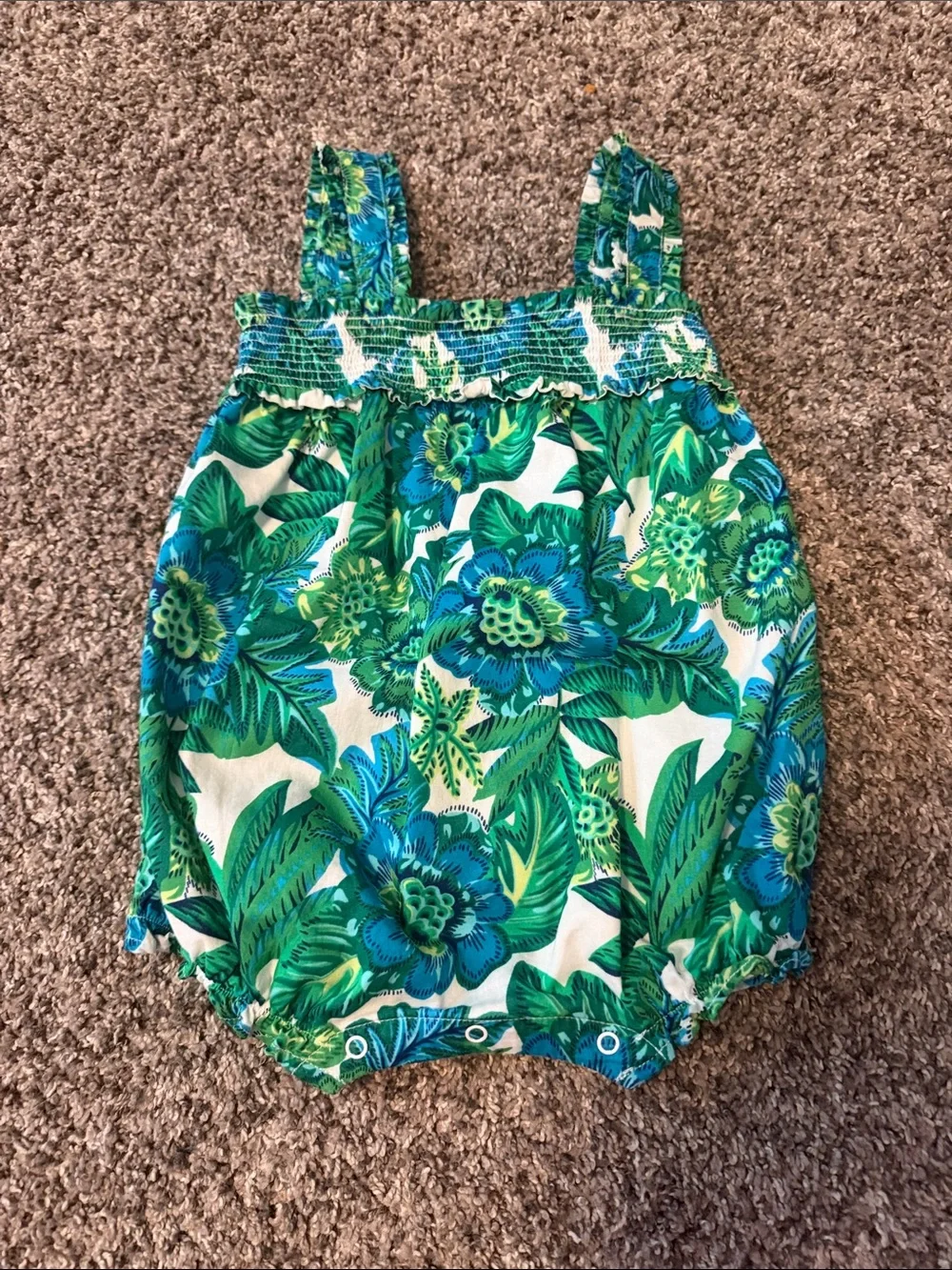 Janie and Jack Green Floral Smocked Romper